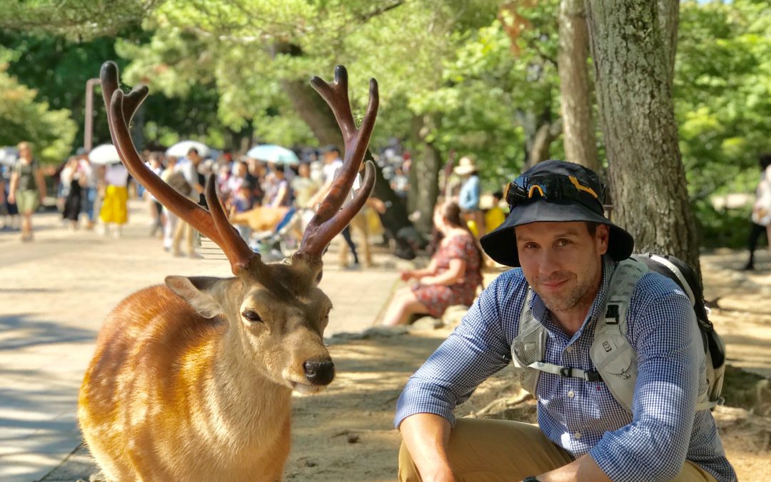 Joey Heinrichs with deer in Nara, Japan in 2018