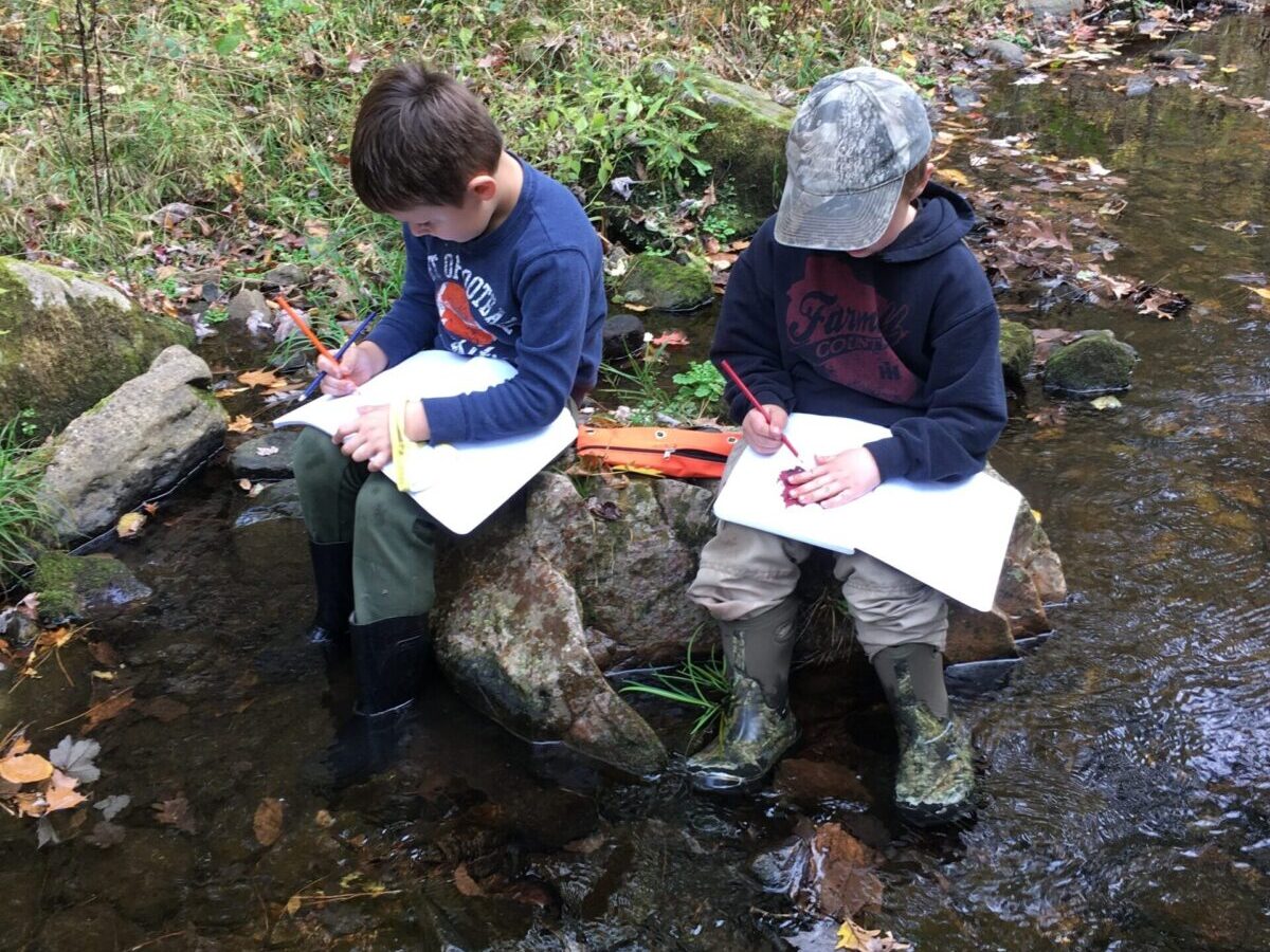 two young boys sit on a rock in the middle of a creek, studying papers