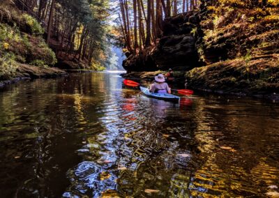 Kayakers paddling down a river surrounded by tall rock formations and trees
