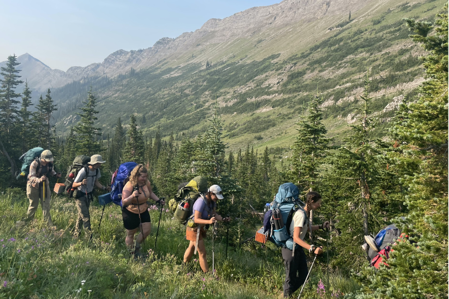 Blog Post Photo Dimensions 43 (25) Backpackers hiking on a trail with mountains in the background; photo for diversity in the outdoors blog