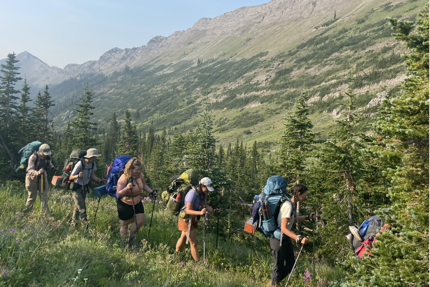 Backpackers hiking on a trail with mountains in the background; photo for diversity in the outdoors blog