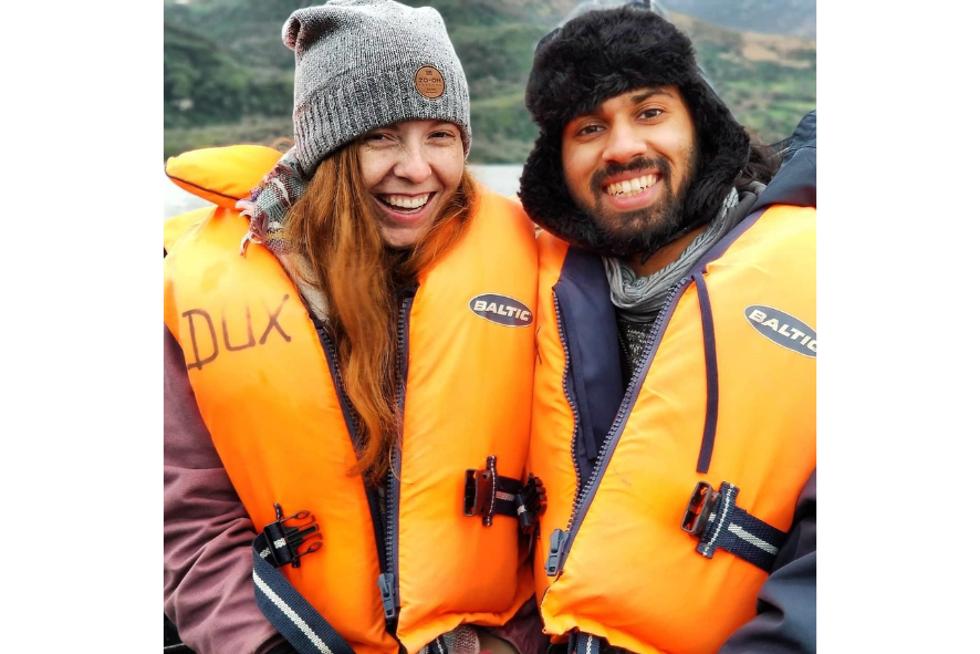 New Executive Assistant, Michaela and her husband in Ireland wearing life jackets.