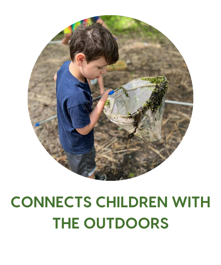 Connects children with the outdoors - photo shows a child looking at a net full of aquatic plants