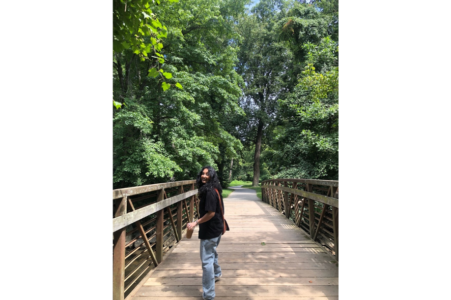 Tee walking on a bridge under trees