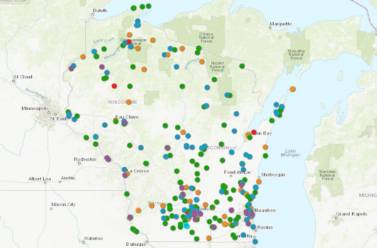 Map of Wisconsin with dots across the state marking NRF Field Trips