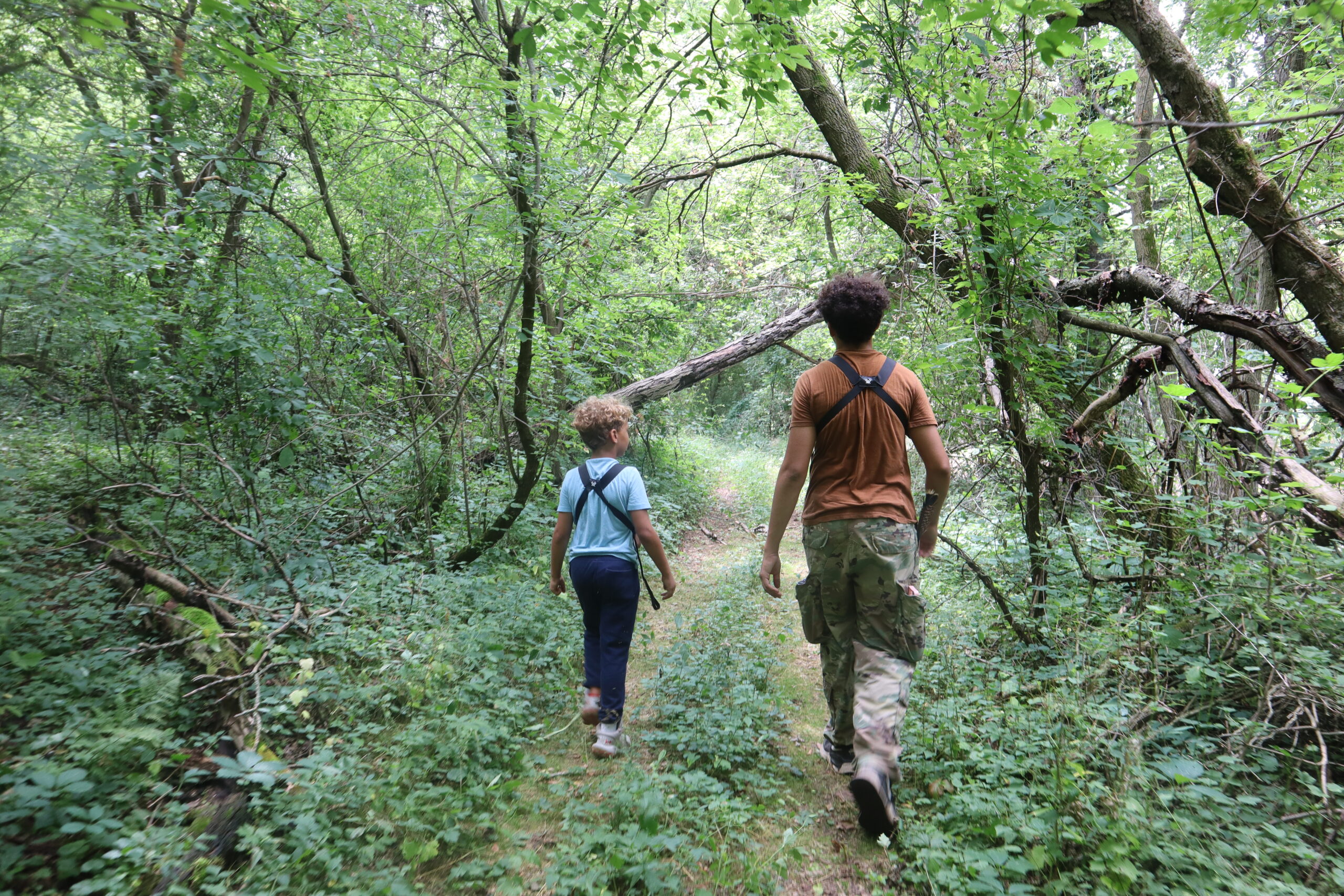 Two children walking on a hiking trail through the forest