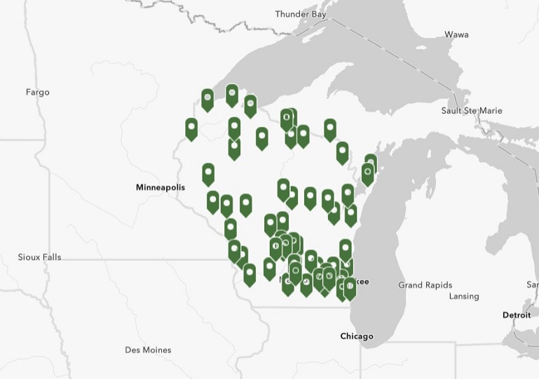 Map of WI showing more than 100 location tags scattered across the state