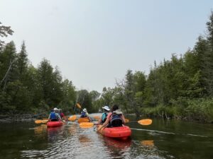 kayakers paddling down a river